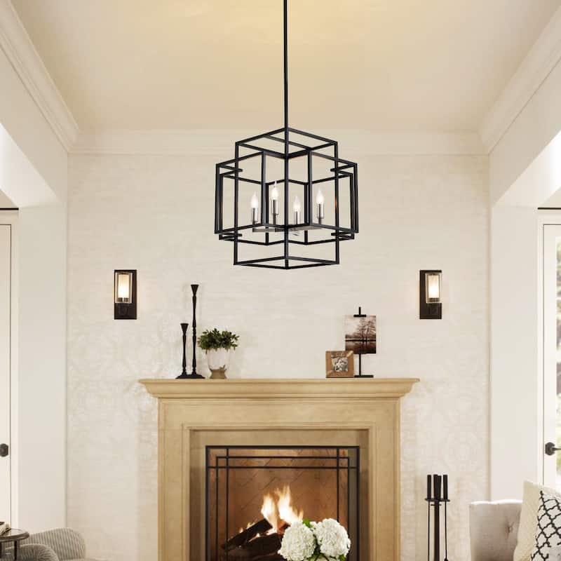 4-Light Metal Tiered Rectangle Lantern Chandelier - Black&Silver