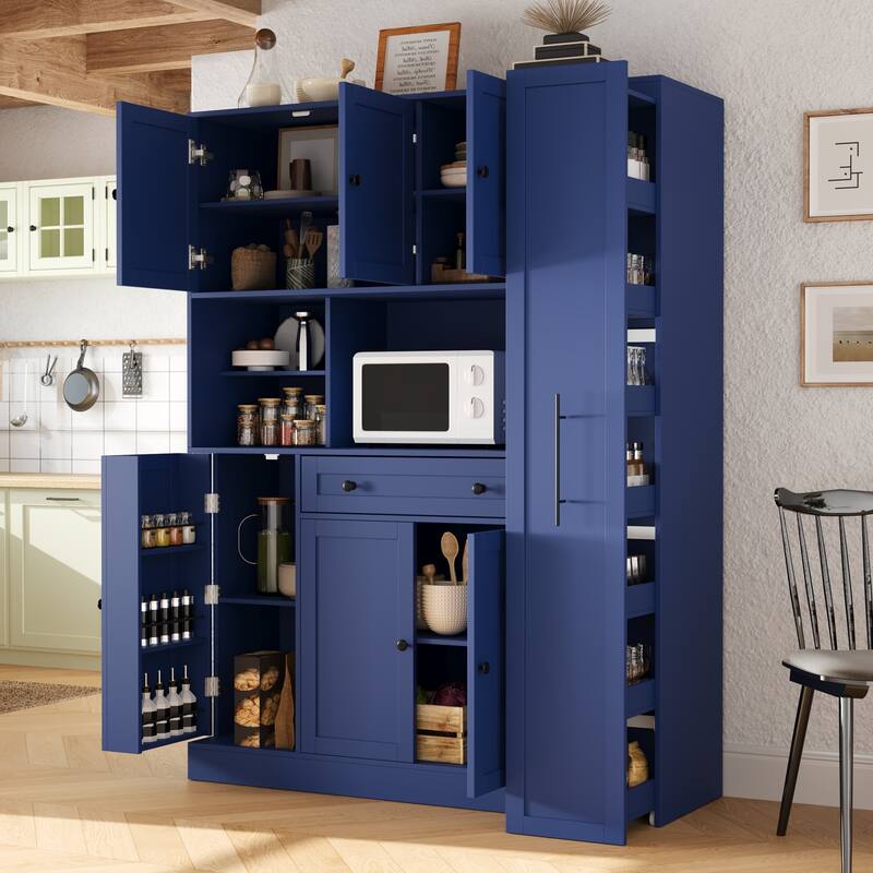 Roomfitters Large Kitchen Pantry Cabinet with Pull-Out Side Storage and Hutch, Shaker Style Buffet
