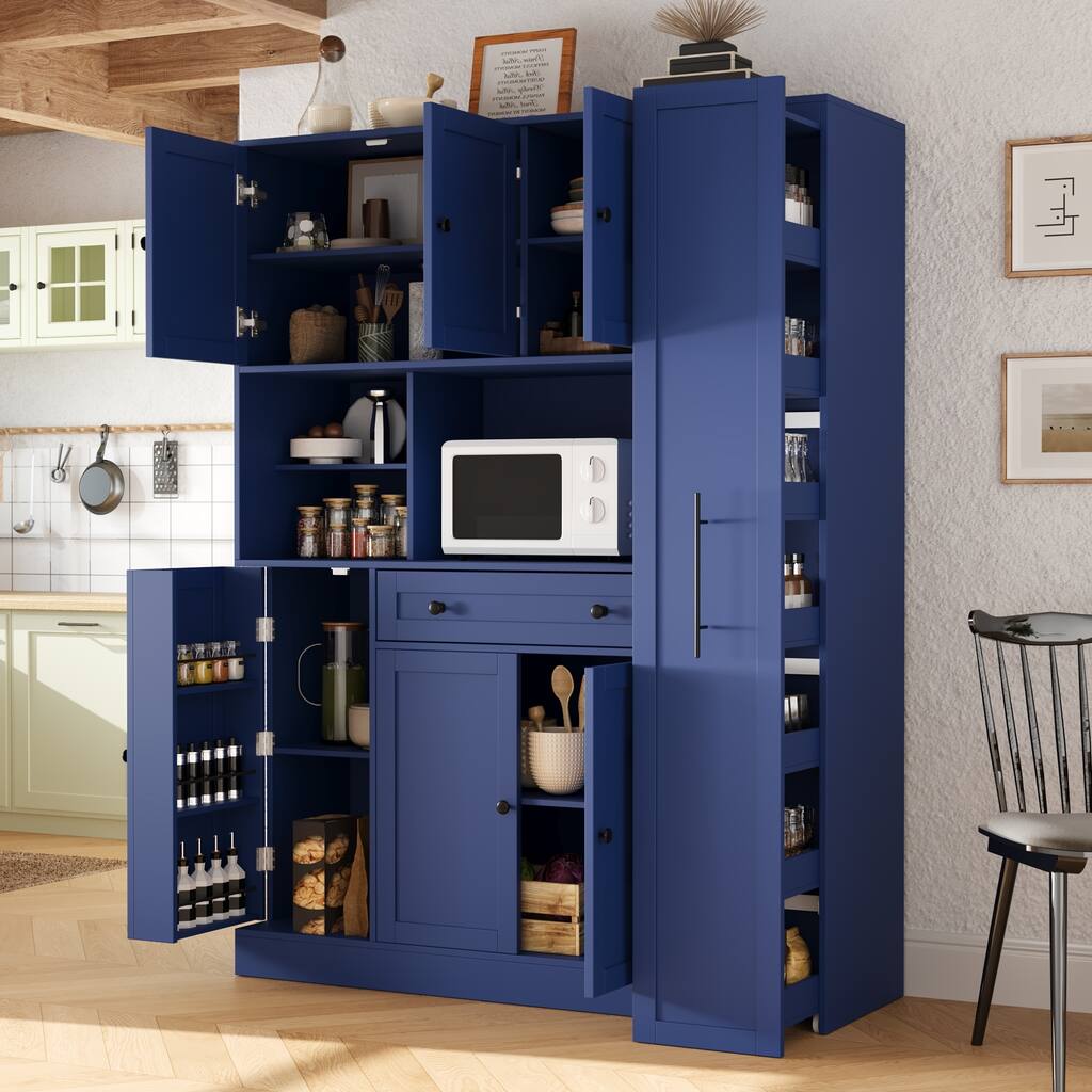 Roomfitters Large Kitchen Pantry Cabinet with Pull-Out Side Storage and Hutch, Shaker Style Buffet