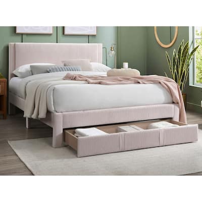 Contemporary 1pc Queen Size Bed w Storage Drawer Light Pink Corduroy Texture Design Platform Bedframe