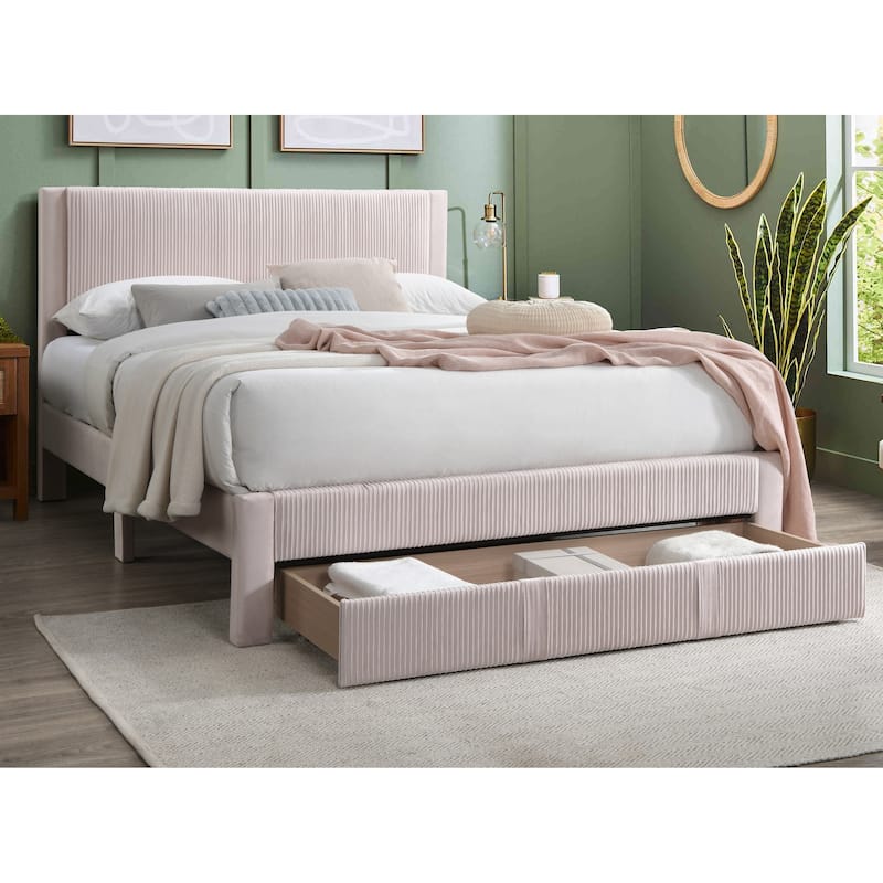 Queen Size Corduroy Platform Bed with Storage Drawer and Channel-Tufted Headboard and Contemporary Design - Light Pink