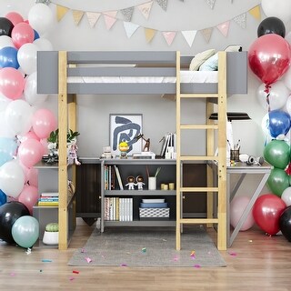 Full Size Stylish Design Wood Loft Bed With Built-in Storage Cabinet and Cubes,Foldable desk,Modern Design,gray