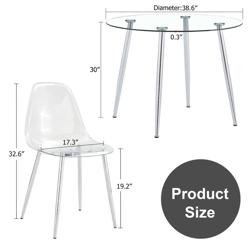 7-Piece Dining Table Set.A 38.6" Transparent Tempered Glass Round Dining Table with 6 Transparent Plastic Dining Chair