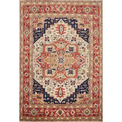 Hand Knotted Oriental 100% Wool Carpet Traditional Medallion Beige & Ivories Heriz (serapi) Area Rug - 14' 7'' X 11' 10''