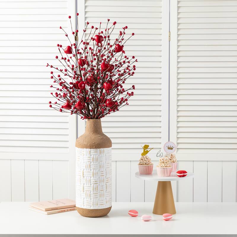 Glitzhome Set of 2 28"H Valentine's Day Berry & Heart Pick Artificial Branch