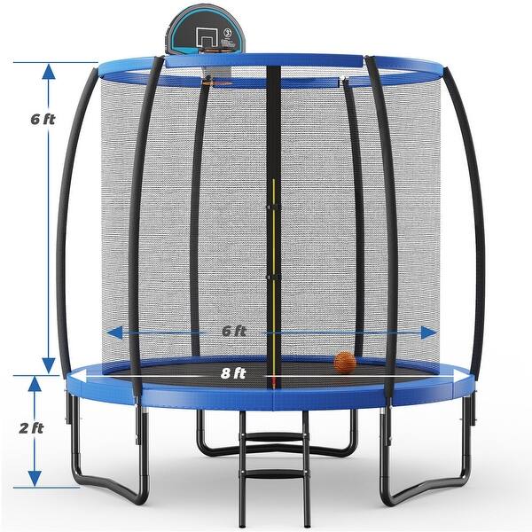 slide 2 of 6, 8 Feet Recreational Trampoline with Basketball Hoop and Net Ladder - Onesize