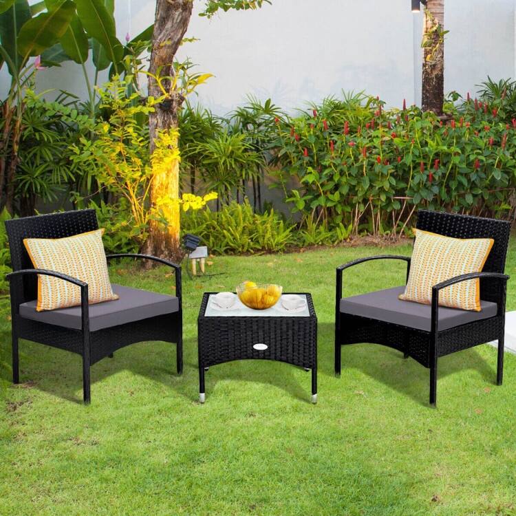 3 Pieces Patio Wicker Rattan Furniture Set with Cushion for Lawn Backyard - 19.5" x 19.5" x 15" (L x W x H)