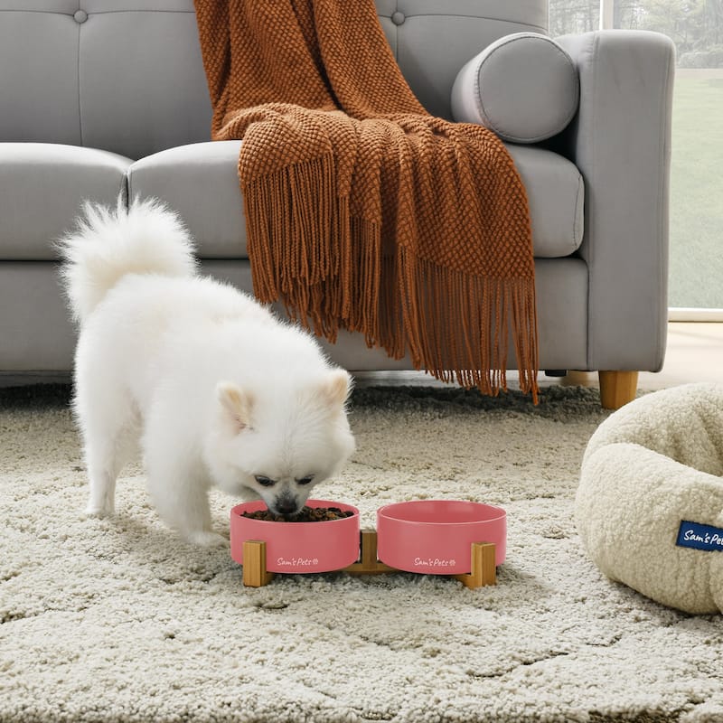 Coco Dual Pet Bowl with Wood Stand 5.11'' in Pink - 10.8