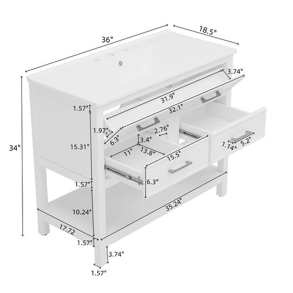 dimension image slide 1 of 4, Christopher Knight Home - Eric 36" Bathroom Vanity with Ceramic Sink