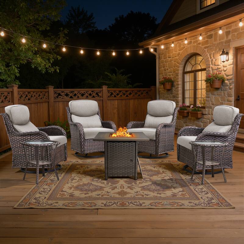 Meyreso 7-Piece Outdoor Patio Wicker Fire Pit 4 person Conversation Set with 5-Inch Thick Cushions - Beige Cushions - Brown Wicker