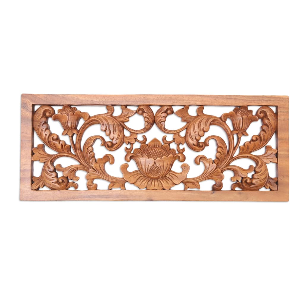 Novica Handmade Lotus Lake Wood Relief Panel