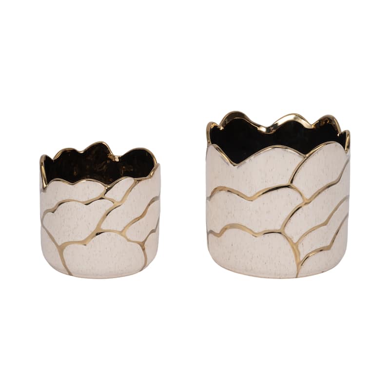 Ceramic Planters Wavy Rim Embossed Metallic Detailing (Set of 2) - 7" x 7" x 6" - Gold/ Metallic