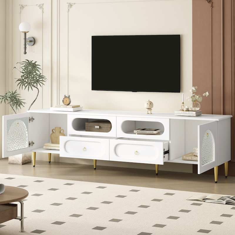 Retro TV Stand for TV up to 85 Inches with 2 Cabinets, 4 Drawers & Metal Legs - 78.8" D x 15.8" W x 22.4" H