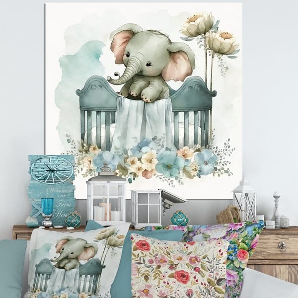 slide 2 of 7, Designart 'Baby Elephant In Crib With Flowers I' Animals Canvas Wall Art