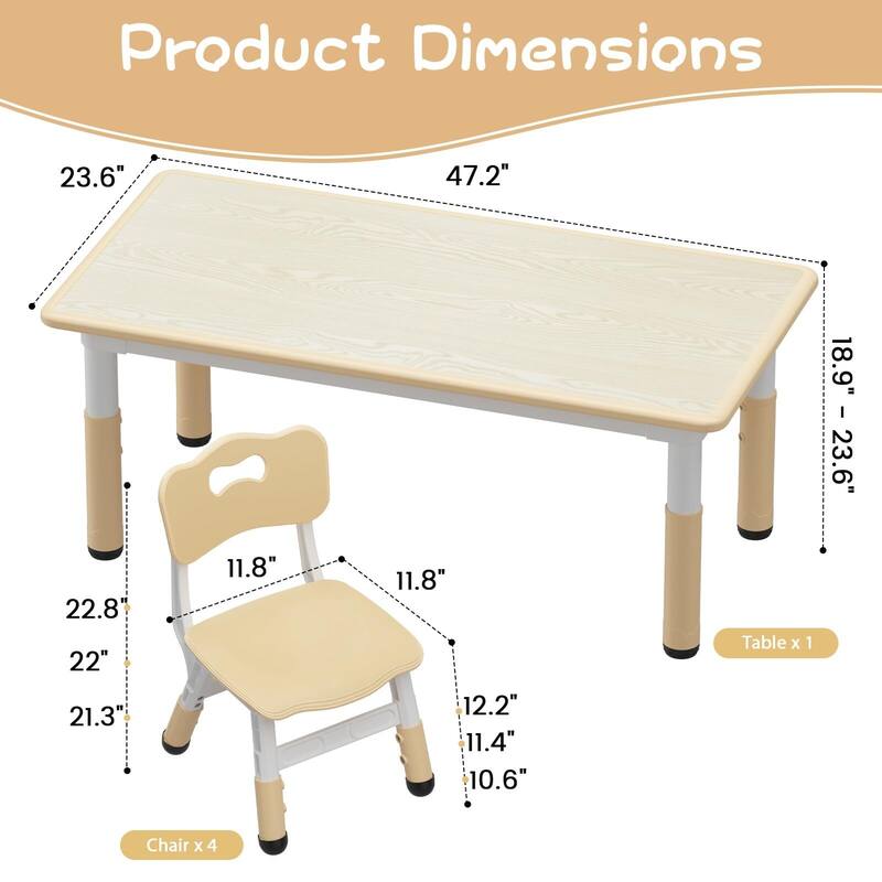 Kids Table and Chair Set, Height Adjustable Toddler Table and 4 Chairs Set