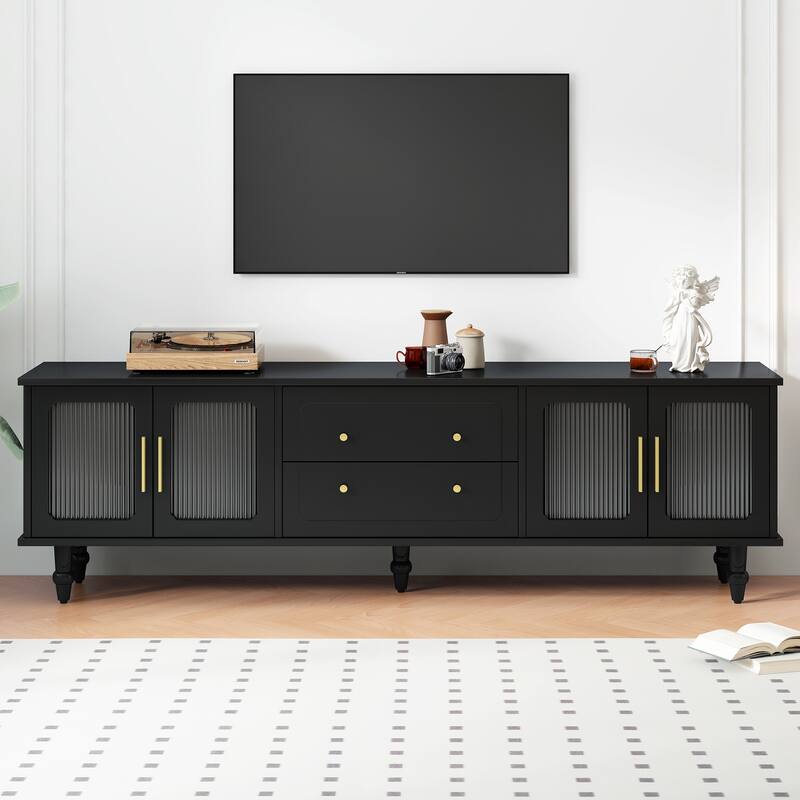 Retro Design TV Stand, for TVs Up to 78'' with Arch Fluted Glass Doors 2 Drawers and Cabinets, for Living Rooms, Black