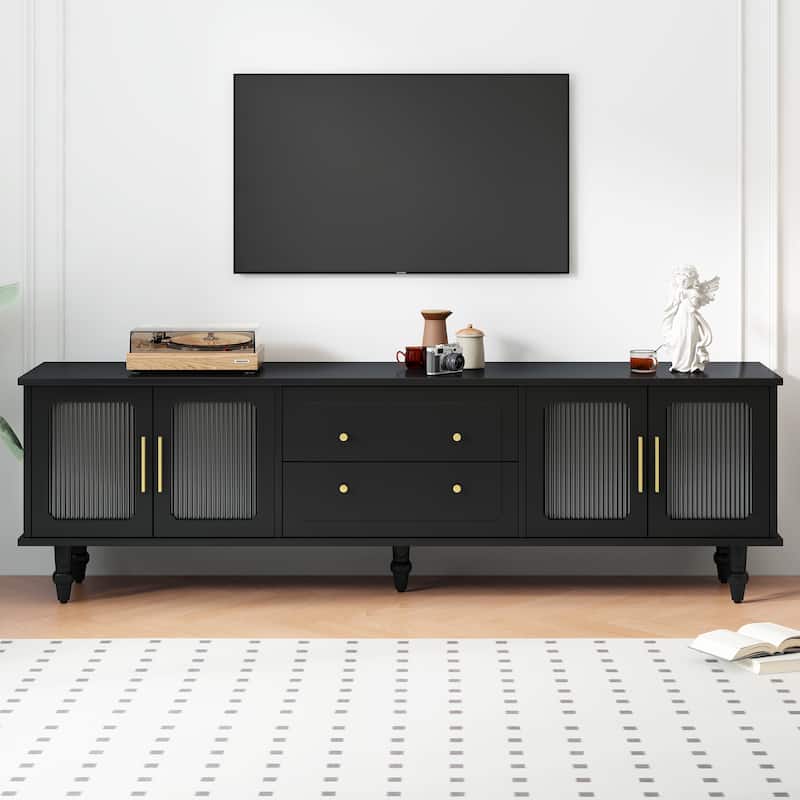 Roomfitters Retro Media Console with Fluted Glass Doors, Stylish TV Stand with Storage Cabinets for TVs up to 78", Black