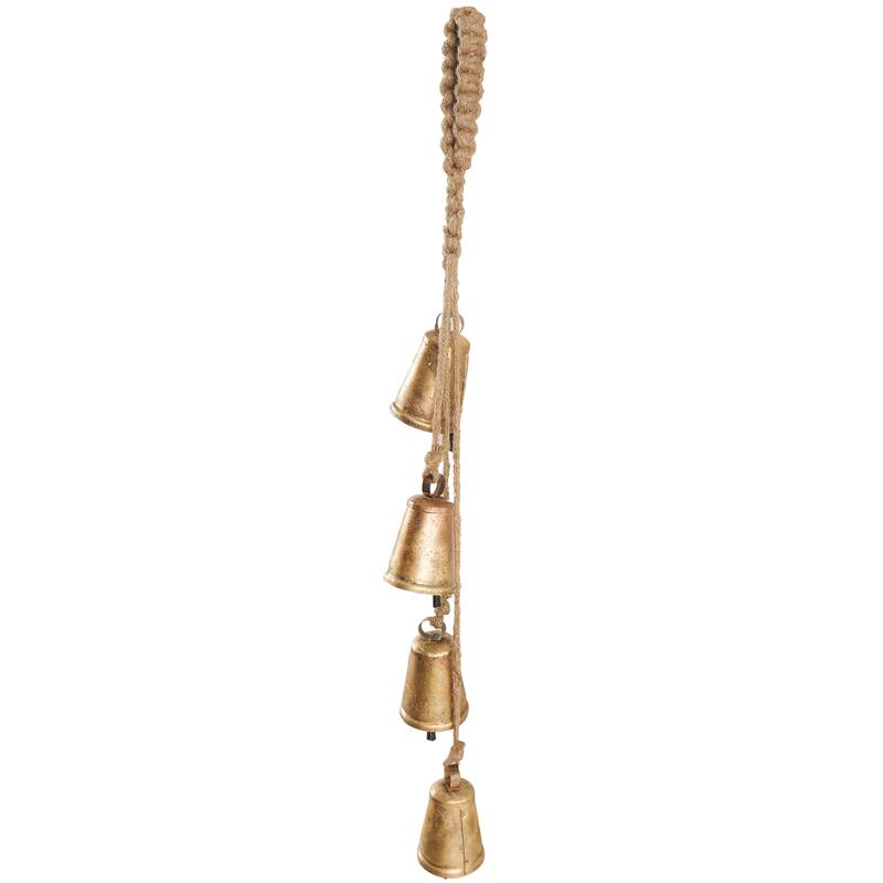 Gold Metal Tibetan Inspired Decorative Cow Bell with Jute Hanging Rope