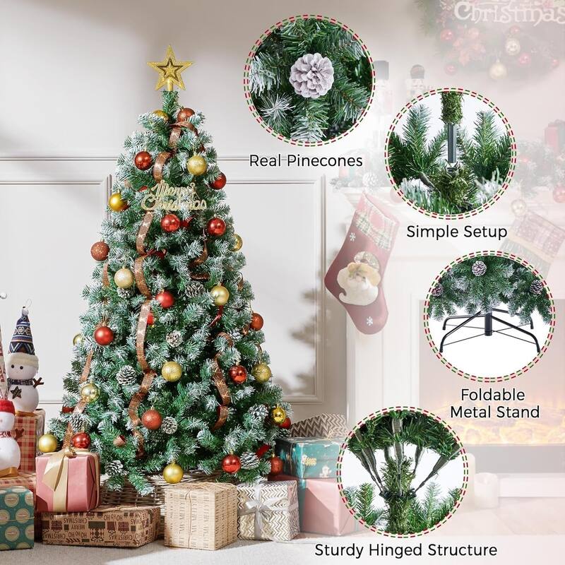 Garvee 4.5Ft Pre-Lit Flocked Artificial Christmas Tree with Pine Cones