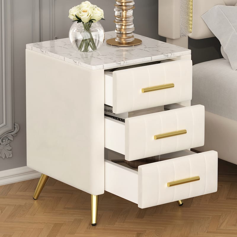 Upholstered Wooden Nightstand with 3 Drawers and Handles