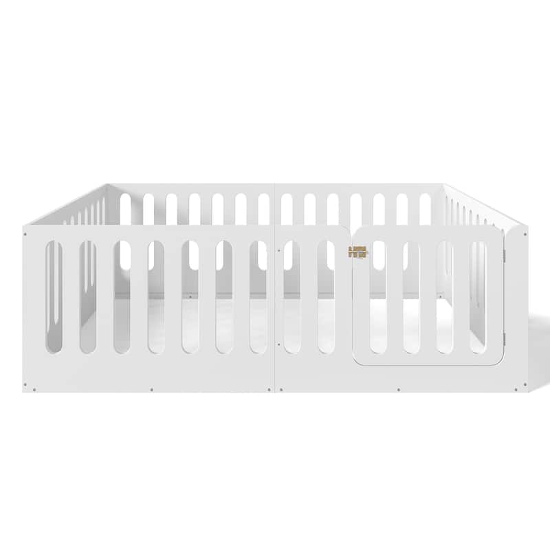 Full Size Floor Bed with High Fence for Kids, Solid Wood Kids Montessori Bed with Door, No Box Spring Needed Design