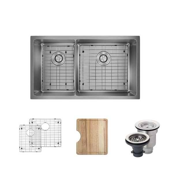 Rene R1-1037R 31-1/8" Double Basin Stainless Steel Kitchen Sink - Basin Rack, Basket Strainer, and Cutting Board Included