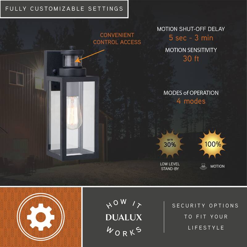 Lombard 4.75-in. 1 Light Black Motion Sensor Dusk to Dawn Outdoor Wall Lantern Clear Glass - 4.75-in W x 13-in H x 5.5-in D