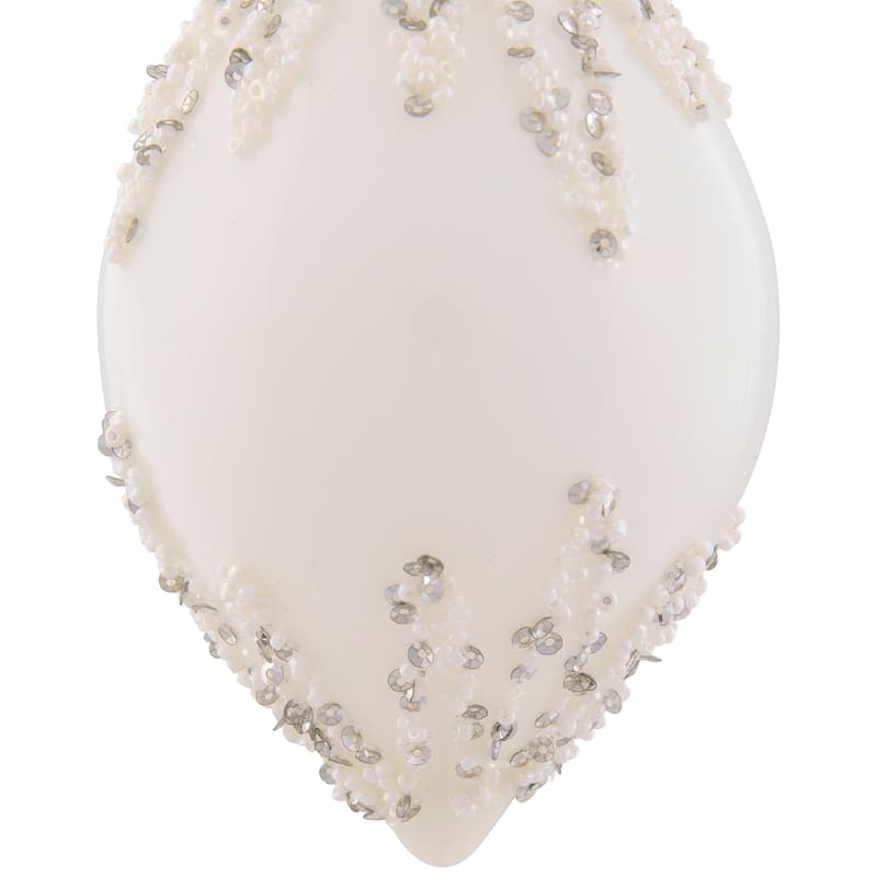 Beaded and Sequins Christmas Glass Finial Ornament - 5" - White and Silver