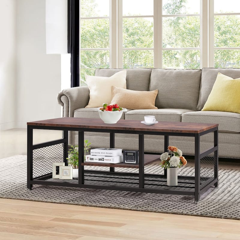 Taomika 3 Pieces Modern Coffee Table Set with Storage Shelves,Brown/Black Sets