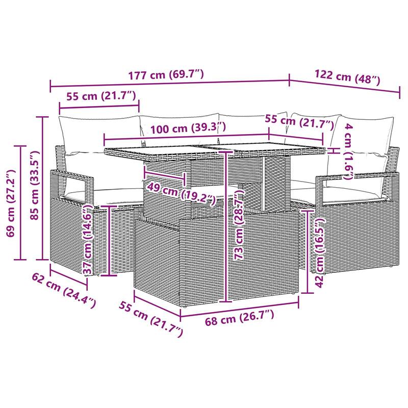 vidaXL 5 Piece Garden Sofa Set with Cushions - 69.7×48×27.2