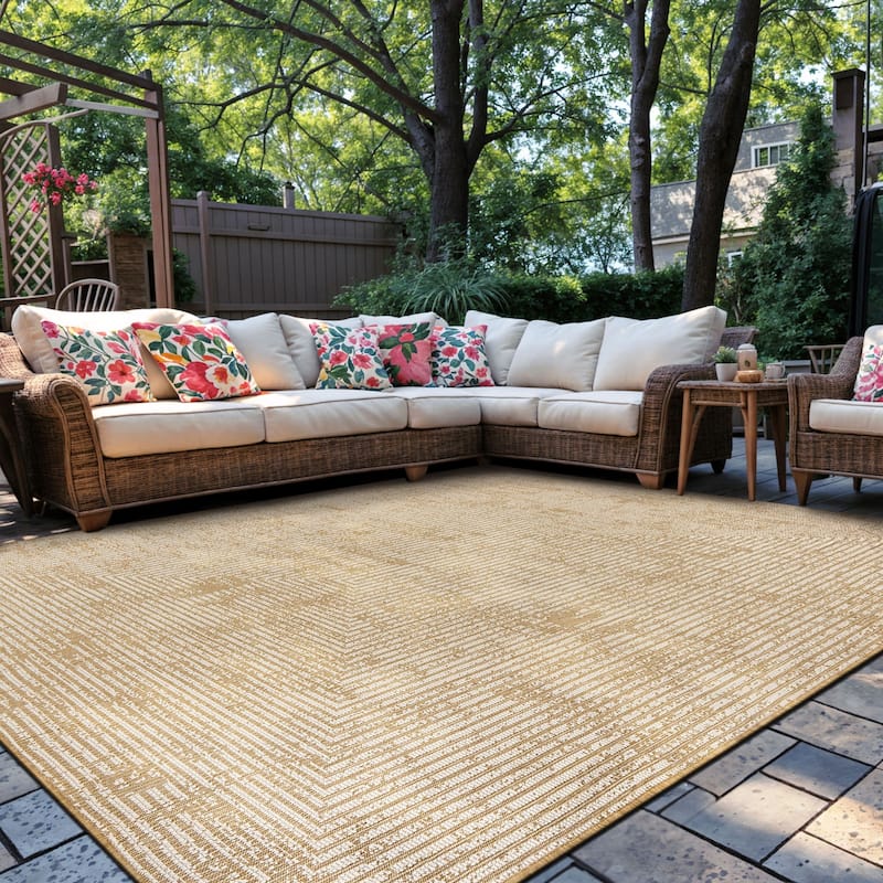Distressed Frame Reversible Jute-Look Indoor/Outdoor Rug Reversible, Easy-Care Indoor/Outdoor Rug with Natural Fiber Look - 7' 10" X 10'