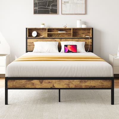 Full Size bed Frame with Storage Headboard, Metal Platform bed with Charging Station, Bookcase Storage