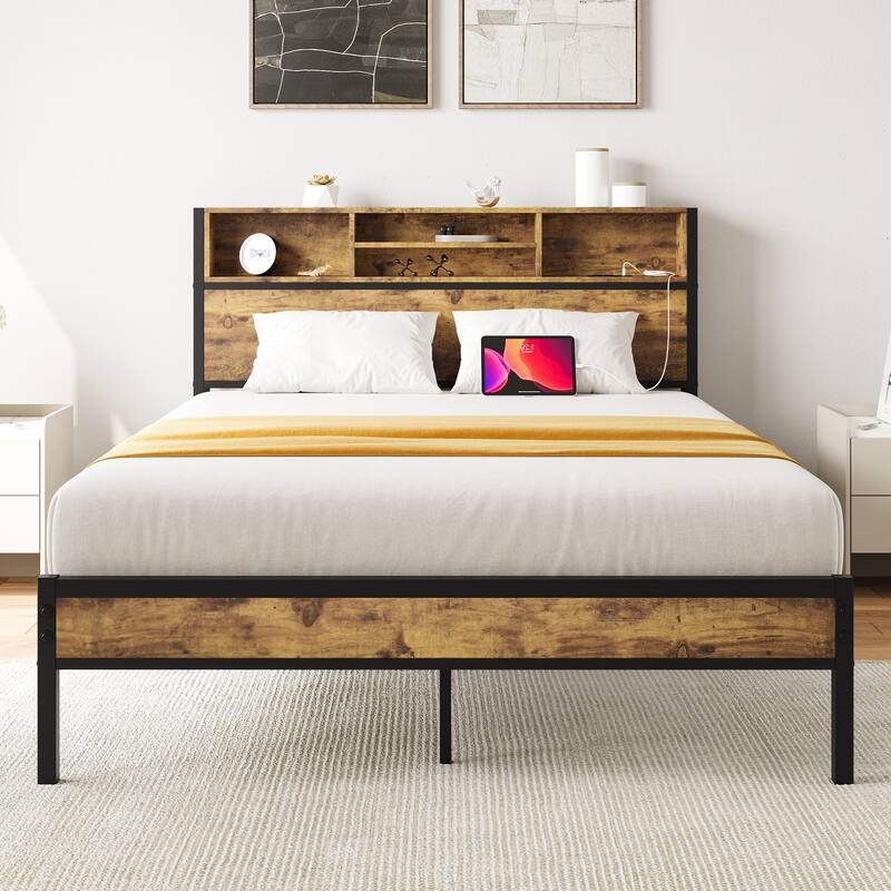 Metal Platform Bed with Storage Headboard and Charging Station - Black - Full