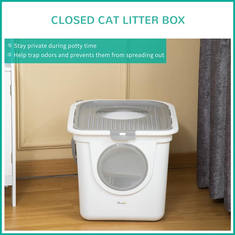 PawHut Cat Litter Box with Lid, Covered Kitty Litter Box with Front Entrance, Top Exit, Scoop, Easy Cleaning Cat Toilet, White