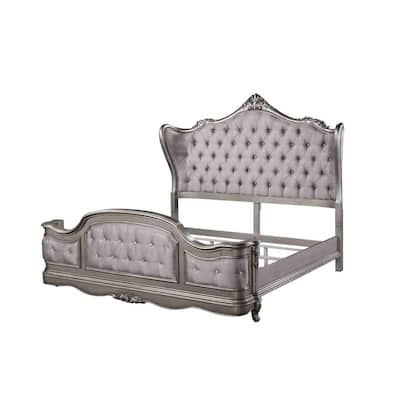 Queen Bed Velvet Upholstered Wingback Headboard Antique Platinum Finish