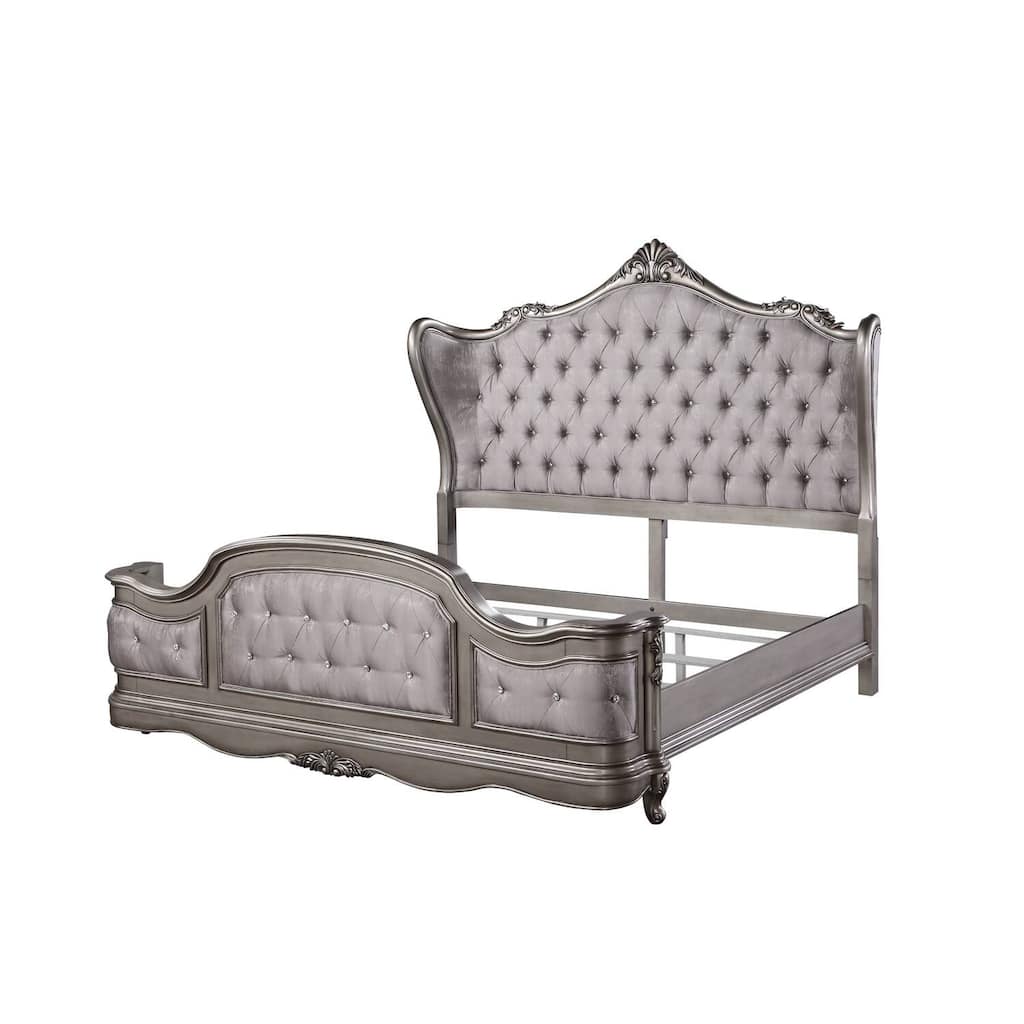 Queen Bed Velvet Upholstered Wingback Headboard Antique Platinum Finish