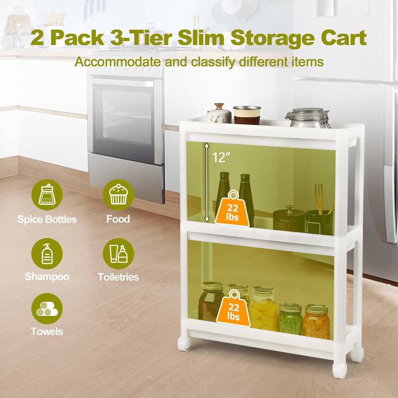 Gymax 2PCS 3 Tier Slim Storage Cart Detachable Kitchen Organizer