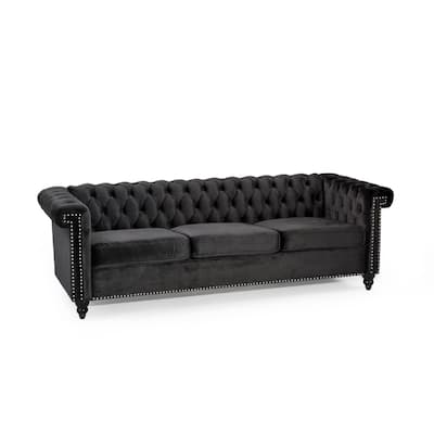 Chis 3 Seater Sofa, Chesterfield Tufted Black Velvet, 83 Inch