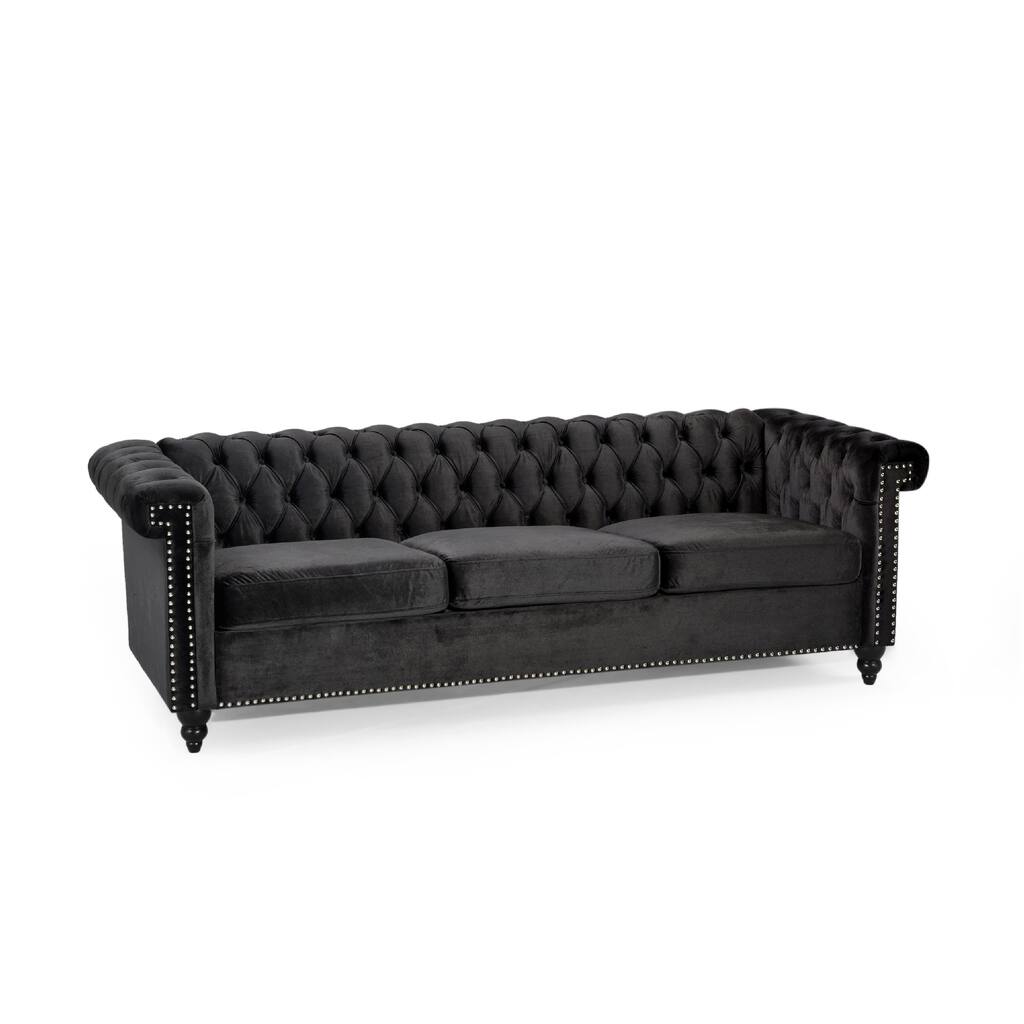 Chis 3 Seater Sofa, Chesterfield Tufted Black Velvet, 83 Inch