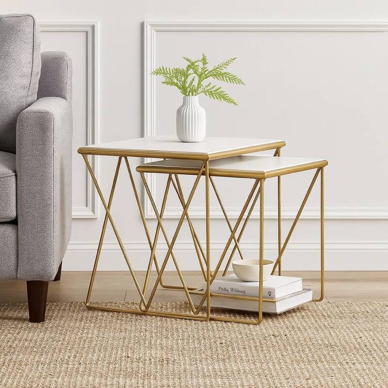 2 Piece Marble Top Nesting Table with Geometric Base, White and Gold