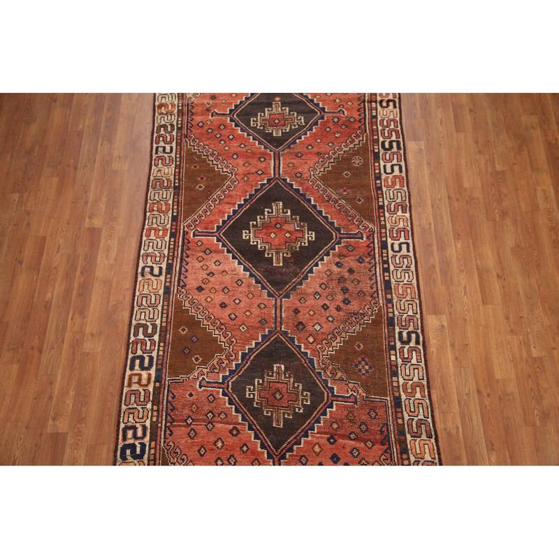 Hand Knotted Oriental 100% Wool Carpet Traditional Tribal Red Qashqai Runner Rug - 8' 7'' X 4' 3''