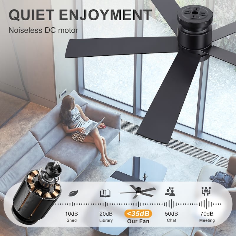 42"/52" Modern Black Flush Mount Ceiling Fan with LED Light and Remote