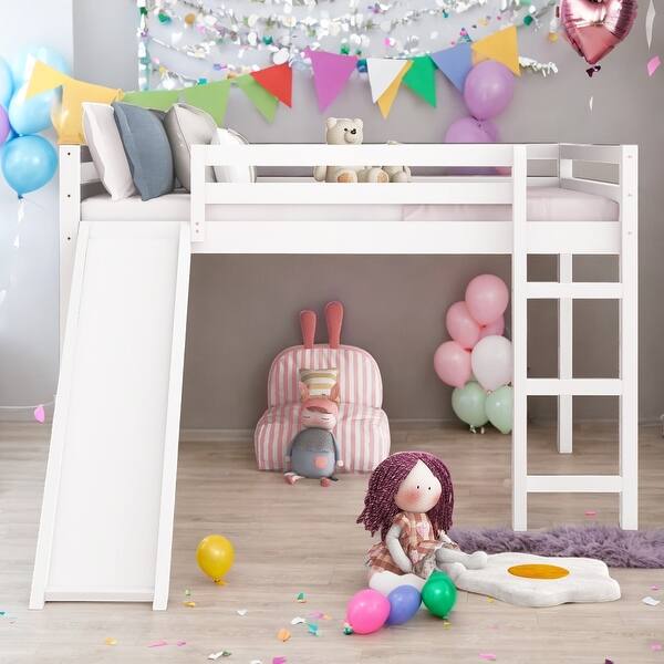 slide 2 of 13, Full Size Loft Bed with Slide, Multifunctional Design,Clean Elegance Wood Full Size Loft Bed With Ladder Designed White