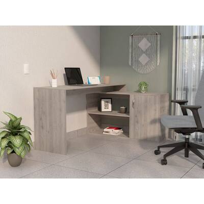 Contemporary L-Shaped Writing Desk with Ample Storage Light Grey Finish