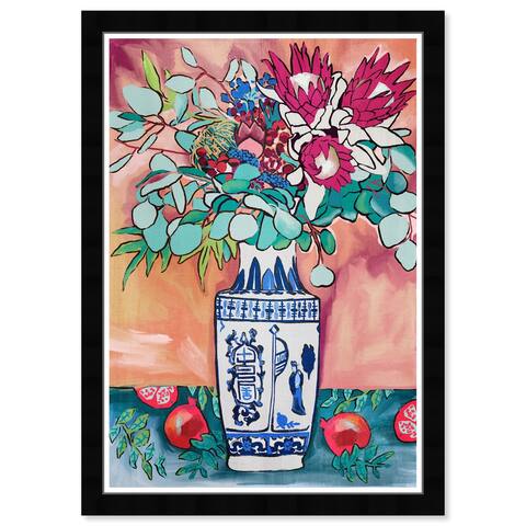 "Stylised Vase", Eclectic chinese porcelain vase with flower bouquet Global Inspired White Framed Wall Art Print for Dining Room