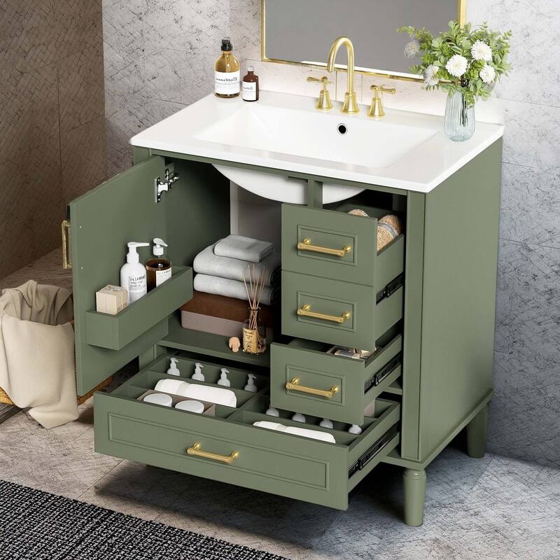 30" Ceramic Sink Bathroom Vanity with Gold Handles, Soft-Close Storage & Space-Saving Design