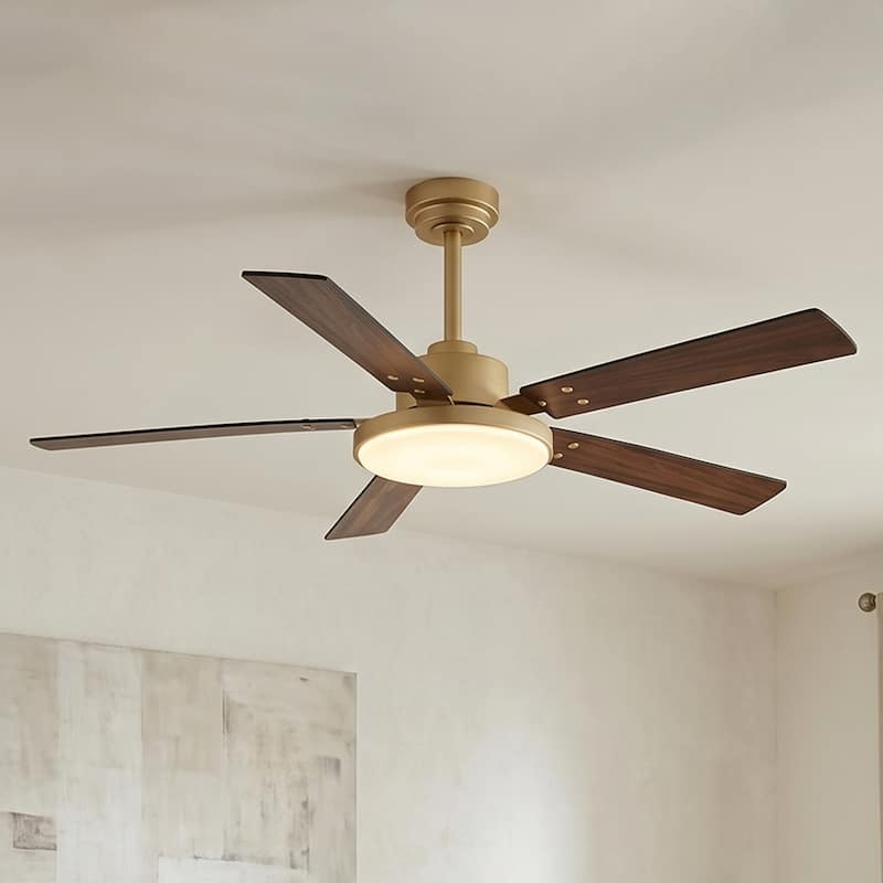 52" Antique Brass Wooden 5-Blade Modern Smart Ceiling Fan with Light and Remote, APP Control
