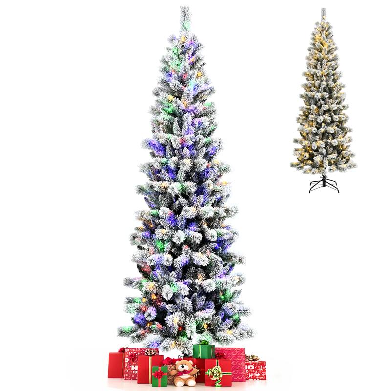 Gymax 5/6/7.5/8 ft Pre-lit Snow Flocked Artificial Christmas Tree w/ - 8 Foot