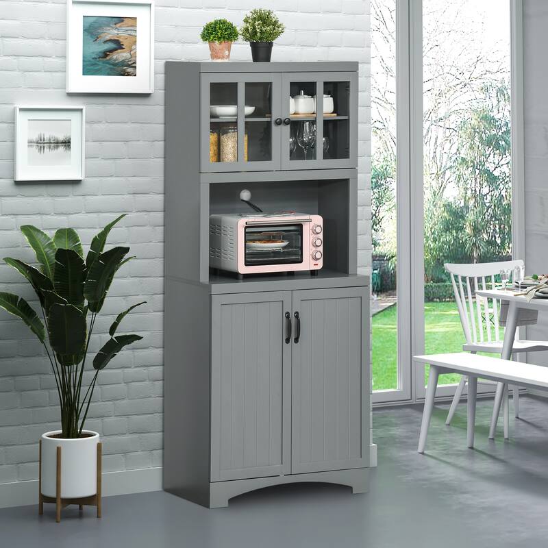 Modern Kitchen Buffet with Bead Board Doors and Adjustable Shelves Open Counter Storage - 28.75" W x 16.25" D x 70" H - Grey