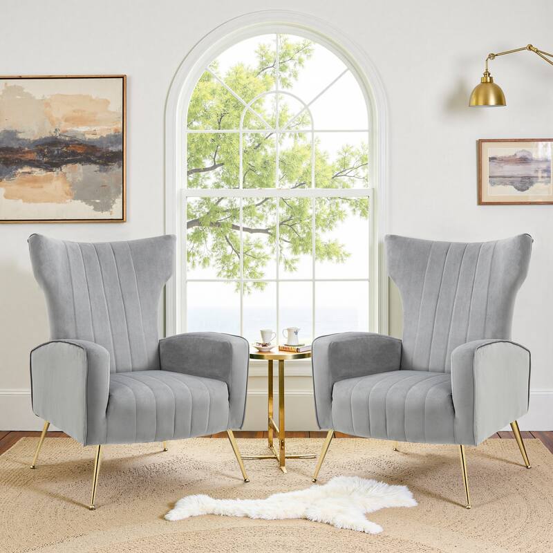 2 Set Velvet Wingback Accent Chairs with Metal Legs for Living Room - Grey
